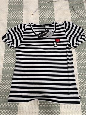 Karl Lagerfeld Black & White Striped Tee with Red Heart Accent